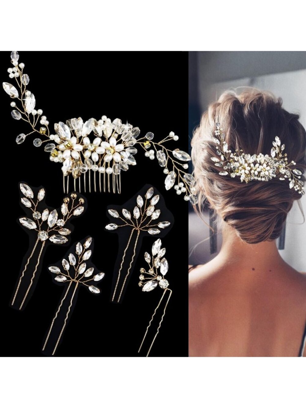 Women's Gold Rhinestone Crystal Bridesmaids Modern Pearl Hair Clips